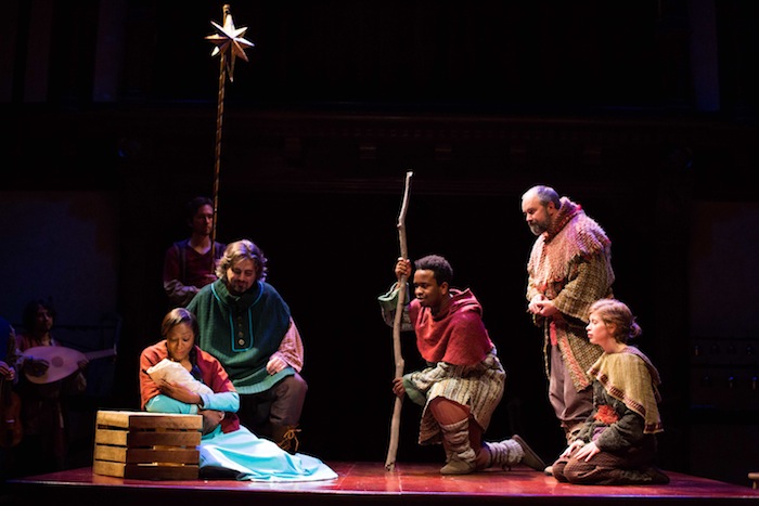 Lilian Oben (as Mary), along with shepherds (l. to r.) Daniel Meyers, Louis E. Davis, Matthew R. Wilson, and Megan Graves in "The Second Shepherds’ Play." Photo: Brittany Diliberto 